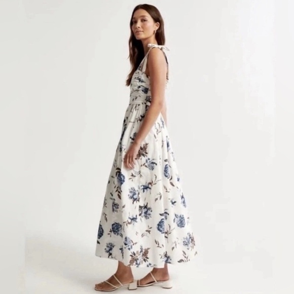 Abercrombie and Fitch Natural White Blue Floral Emerson Tie Strap Maxi Dress M - Picture 2 of 12